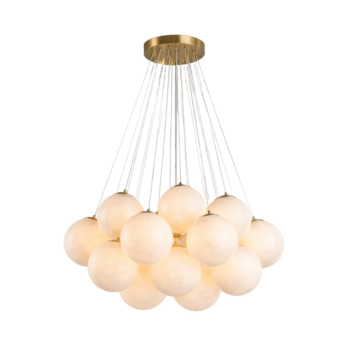 A chandelier with a brushed brass circular base and 13 soft white alabaster globes, beautifully clustered for a warm, elegant glow—just like the Auriel 13 Light Alabaster Chandelier in Soft White & Brushed Brass.