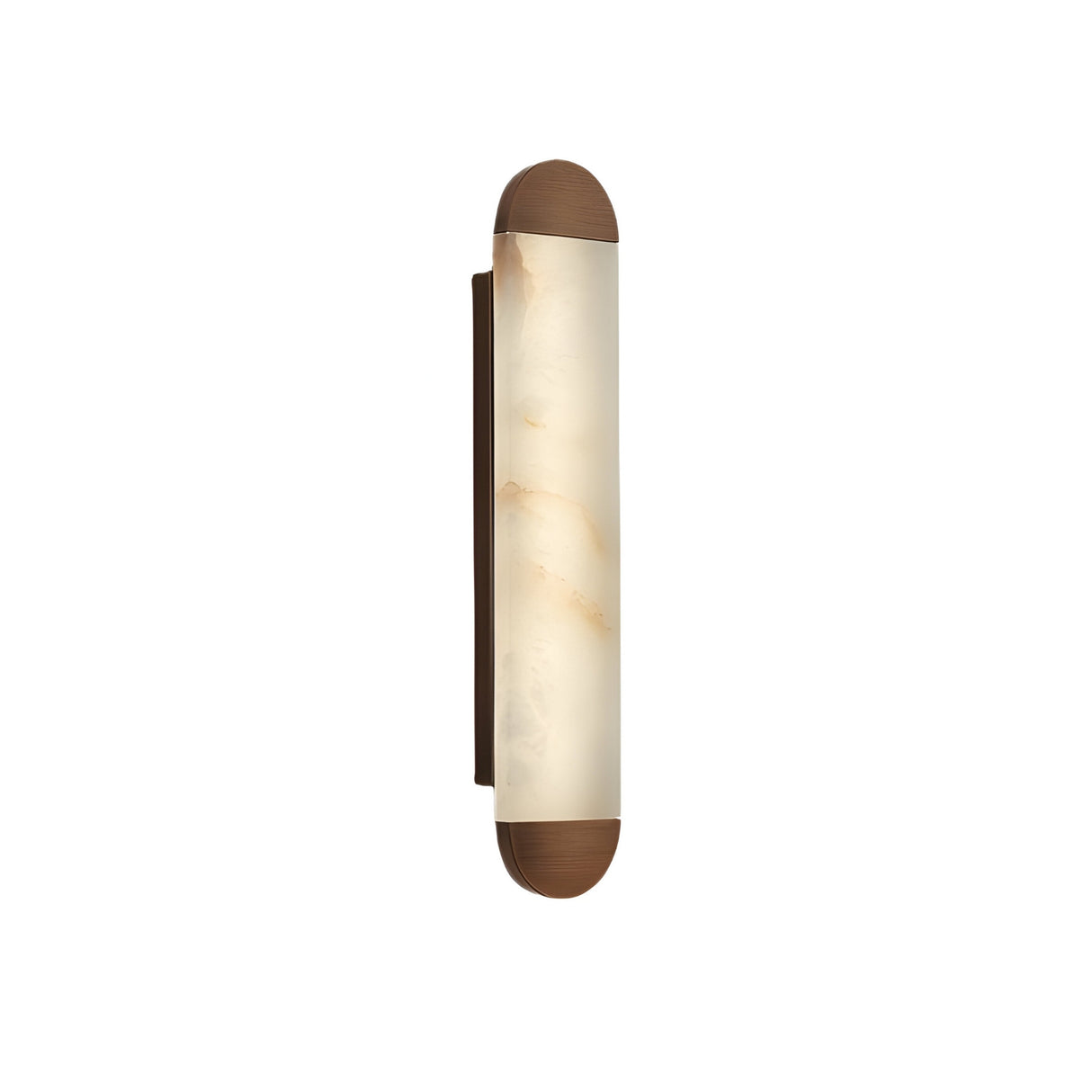 The Orivelle LED Small Vertical Alabaster Wall Light features a soft white cylindrical frosted glass shade and brushed bronze rounded end caps, designed for wall mounting against a white background.