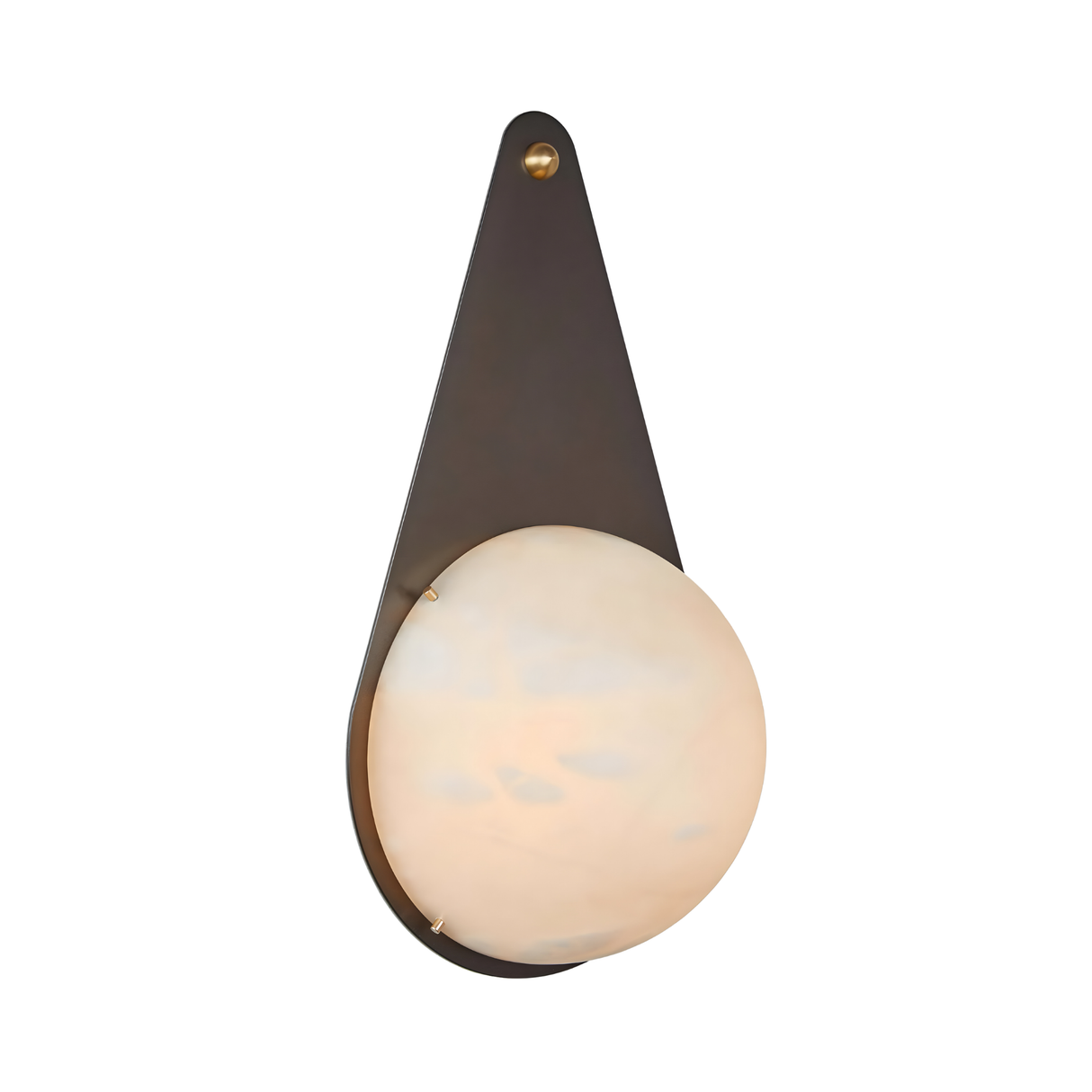The Lunara 1 Light Teardrop Alabaster Wall Light in matte black features a modern teardrop-shaped backplate and a round, alabaster glass shade near the base, shown against a white background.