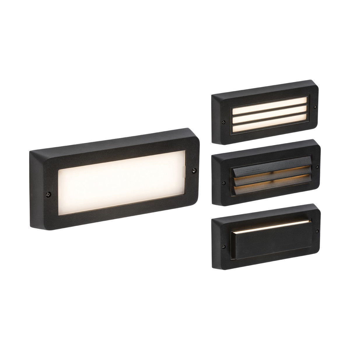 A group of four Outdoor CCT LED Surface Mount Brick Lights in black, constructed with polycarbonate, features unique designs: one with a solid white light, another with horizontal slits, a third with round holes, and the last displaying a single horizontal light strip. These lights are stylishly arranged against a white background.