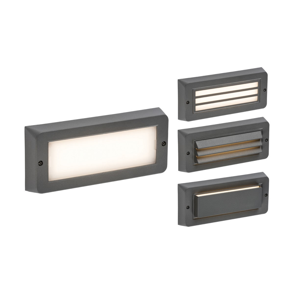 A collection of four Outdoor CCT LED Surface Mount Brick Lights in rectangular designs includes one with a plain white cover for the largest fixture and three smaller ones featuring different slatted patterns. Each light boasts a sleek, modern aesthetic with dark gray frames and durable polycarbonate construction.