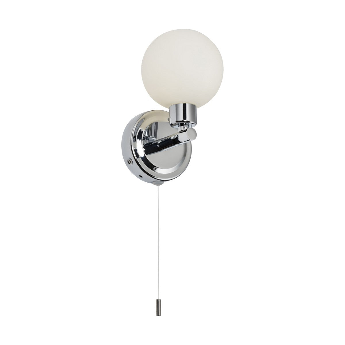 Introducing the Globe Bathroom Wall Light - Chrome, a contemporary IP44 wall fixture featuring a polished chrome finish with an opal glass orb encasing the bulb. This wall-mounted light includes a convenient pull cord for easy operation.