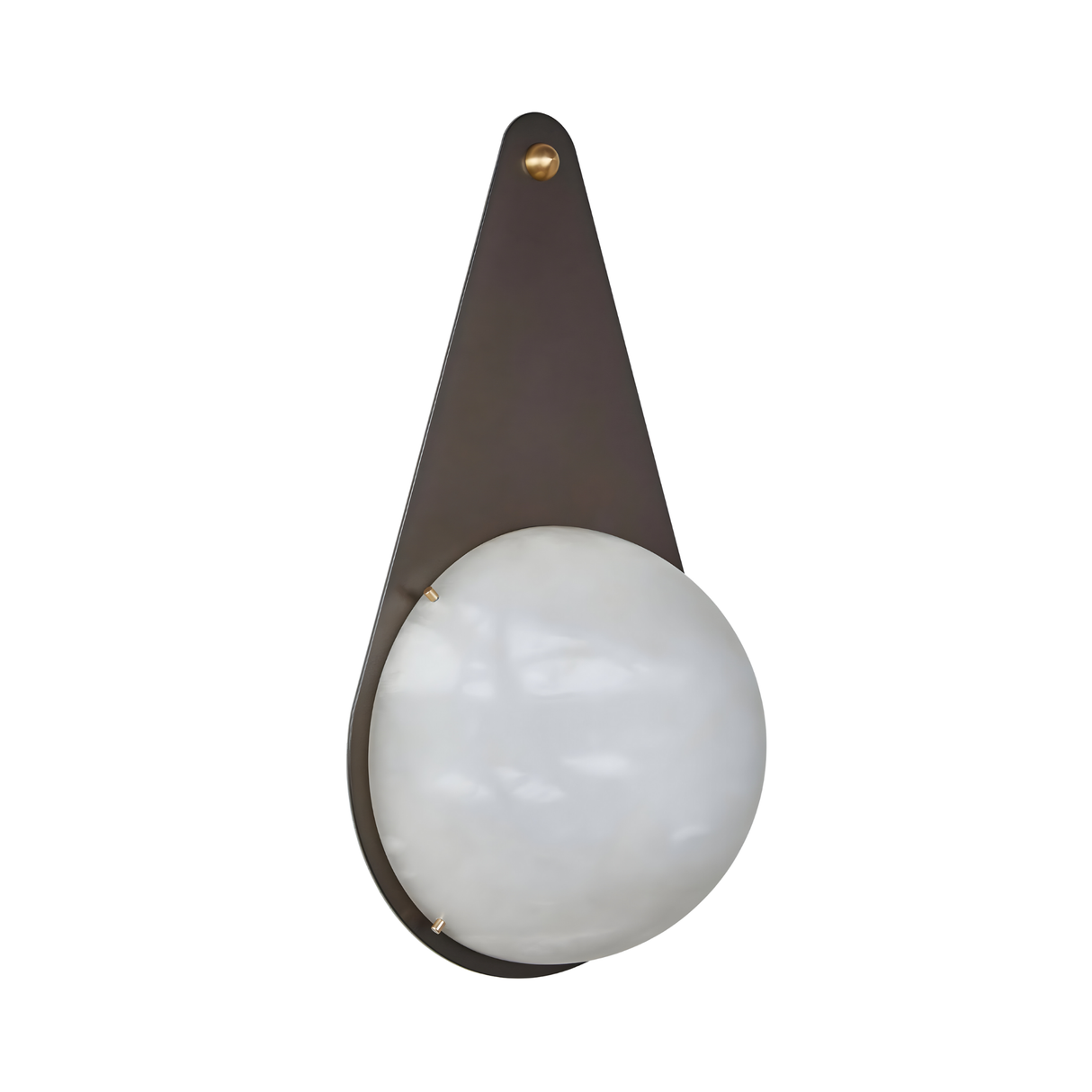 The Lunara 1 Light Teardrop Alabaster Wall Light – Matte Black features a teardrop-shaped dark metal backplate and a round white glass globe, elegantly mounted against a white background.