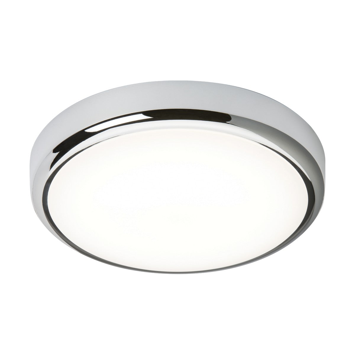Introducing the 14W Outdoor CCT LED Bulkhead in Chrome: a sleek, circular ceiling light fixture boasting a smooth white finish paired with a silver rim. This minimalist luminaire is modern and energy-efficient, making it an ideal choice for diverse interior settings.
