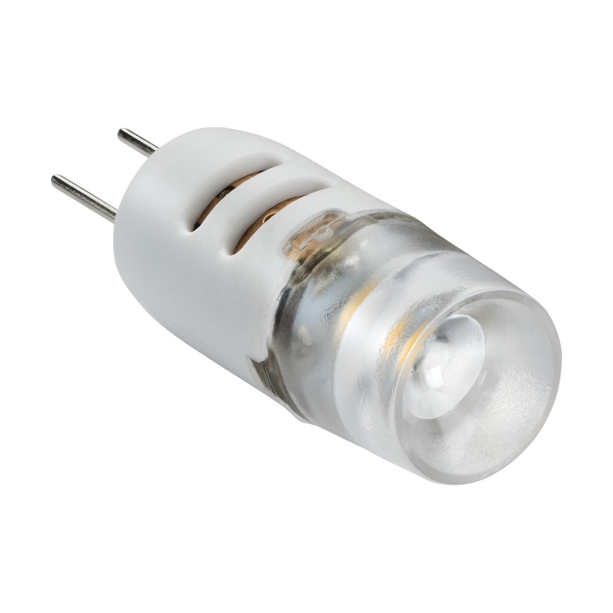 A close-up of a small, transparent 1.5W G4 LED Bulb - 2700K with two metal prongs. The clear casing reveals the warm white light-emitting diode inside and includes a white plastic base with ventilation slits, making it suitable for 12V systems.