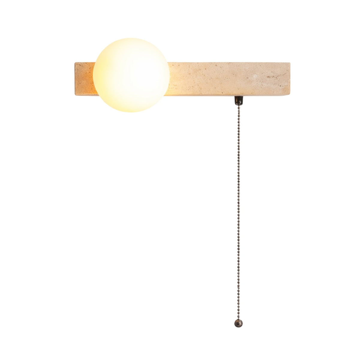 The Lunaro 1 Light Bar Travertine Wall Light With Pull Switch in light beige features a glowing round white bulb on a horizontal rectangular base, with a minimalist design and a long vertical pull switch.
