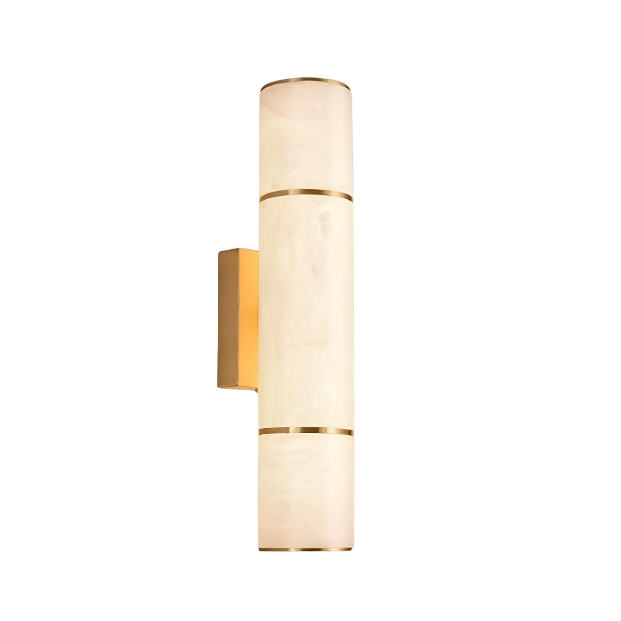 The Almora LED Large Cylinder Alabaster Wall Light features a soft white glass shade, slim brass bands, and a rectangular brass mount, all set against a plain white backdrop.