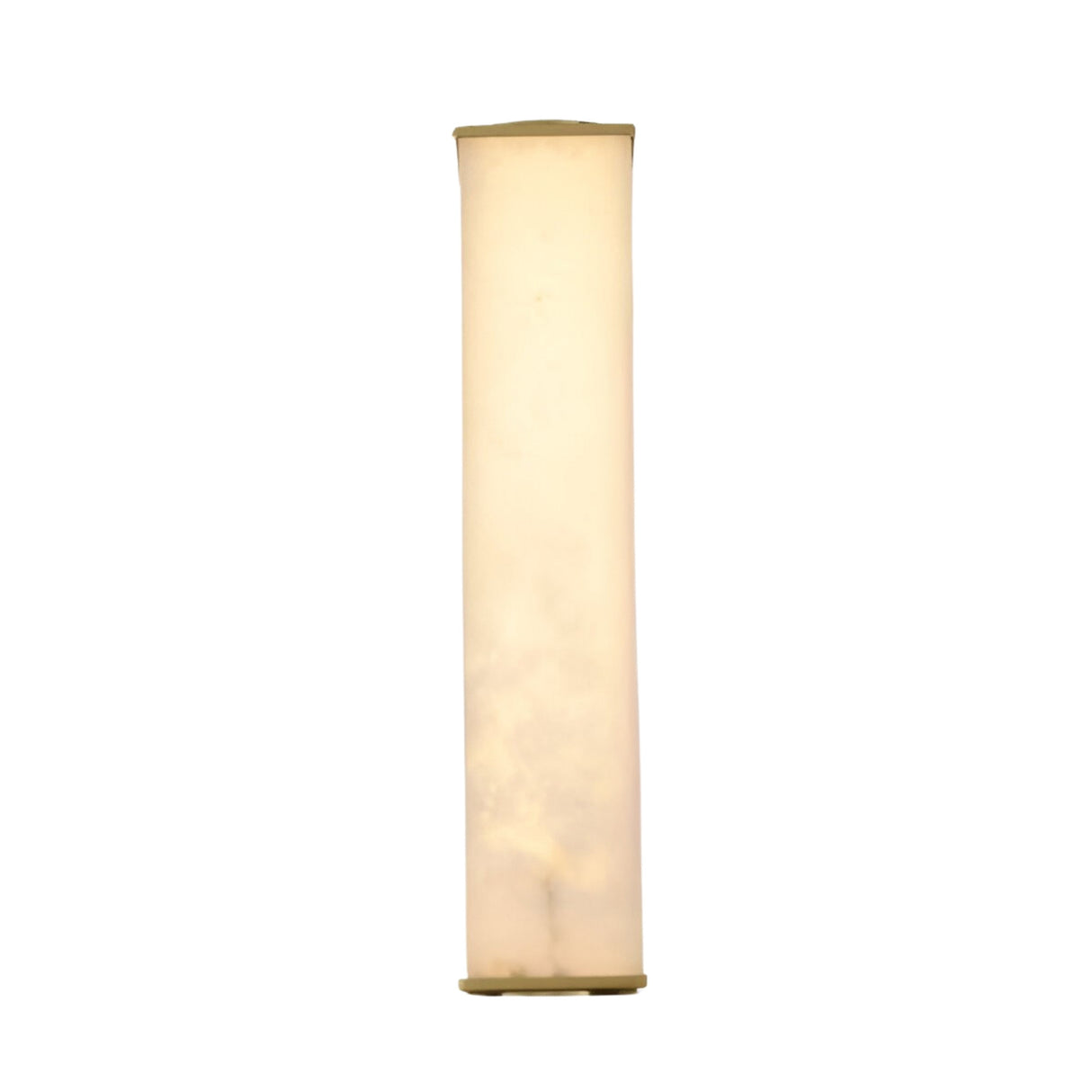 The Valmere LED Large Linear Alabaster Wall Light in Soft White is a tall, cylindrical fixture with a minimalistic design and frosted white shade that emits a gentle, warm glow.