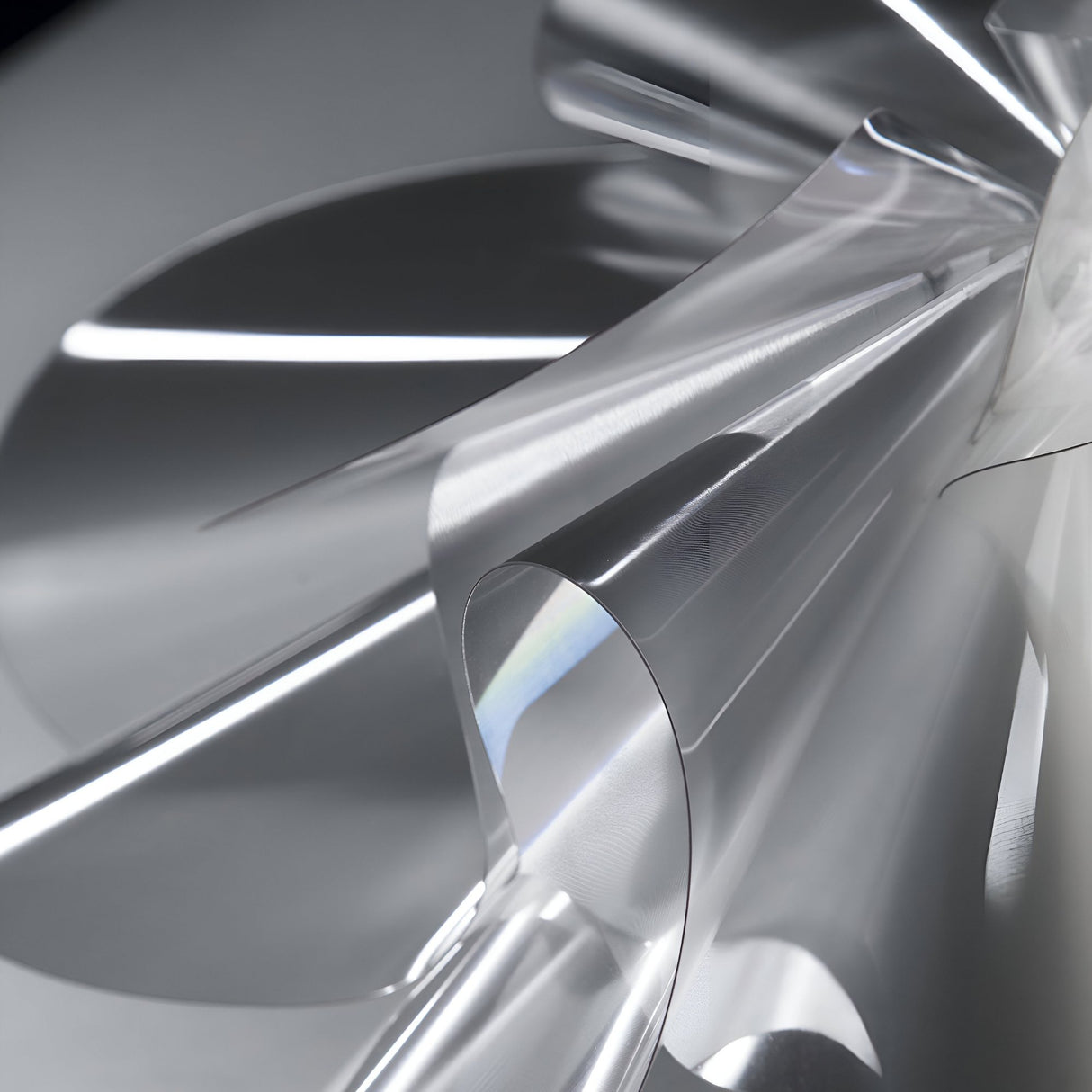 A close-up of the Violla 2 Light Pendant - White shows its glossy, transparent layers unfurling smoothly, reflecting light and highlighting its sculptural elegance against a neutral background.