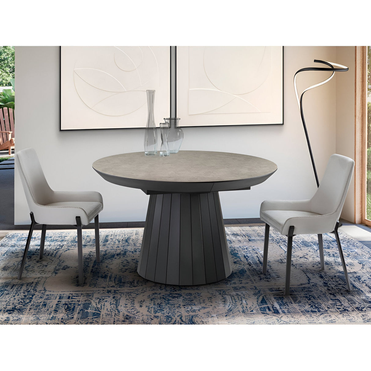 Koria 6-8 Seater Wood Extendable Round Dining Table – Matte Black & Grey