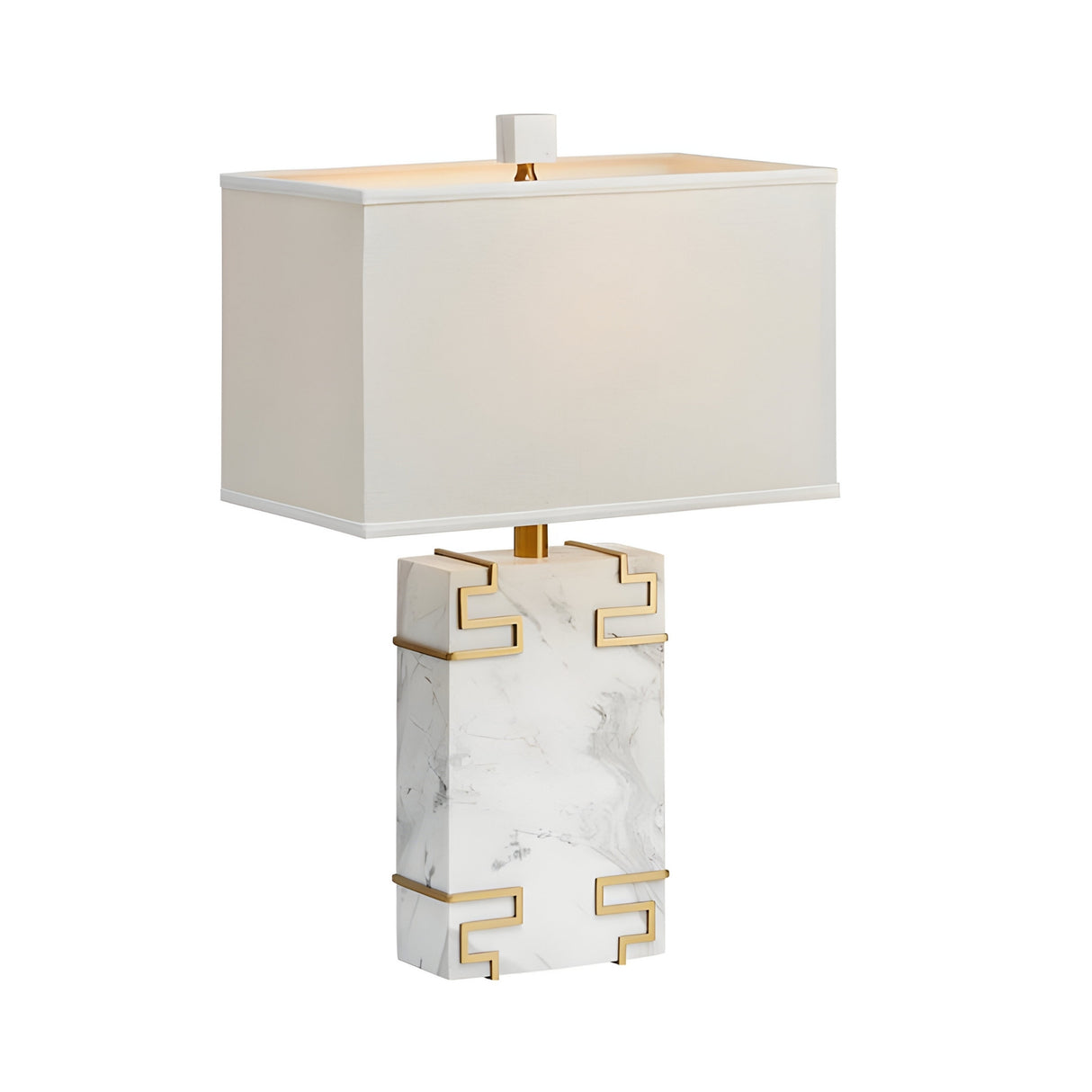 The Helvarn 1 Light Framed Block Marble Table Lamp features a rectangular white shade, a marble-effect block base, and brass geometric accents for a modern architectural touch.
