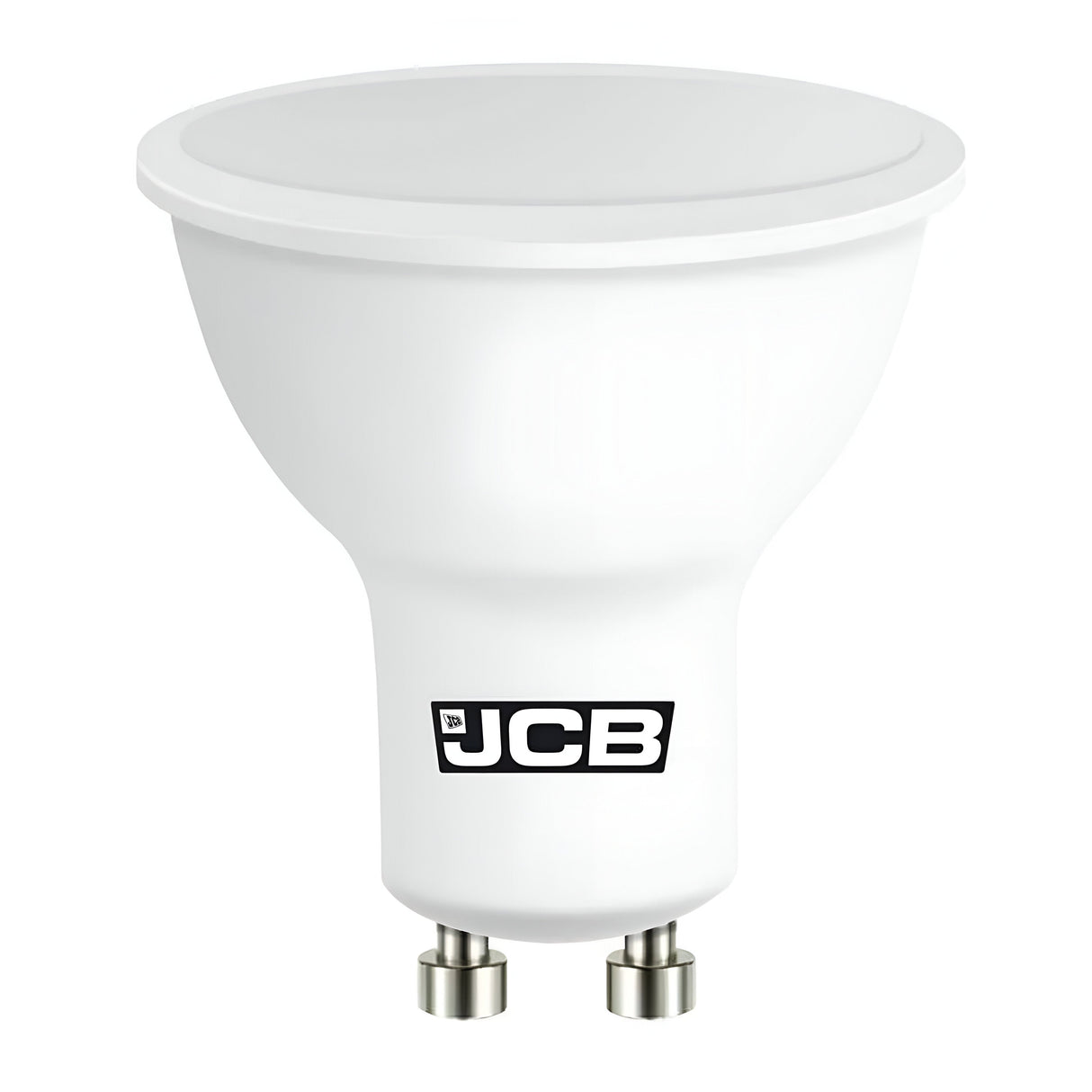 This energy-efficient LED bulb, featuring the JCB brand printed in black letters, is a 4.9W GU10 base light with a warm white color temperature of 3000K.