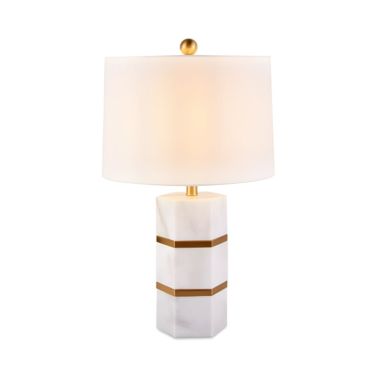 The Valma 1 Light Architectural Band Marble Table Lamp in soft white & brass features a hexagonal white marble base with two horizontal gold bands, a gold finial, and a white cylindrical shade—perfect for adding sophisticated style to any space.