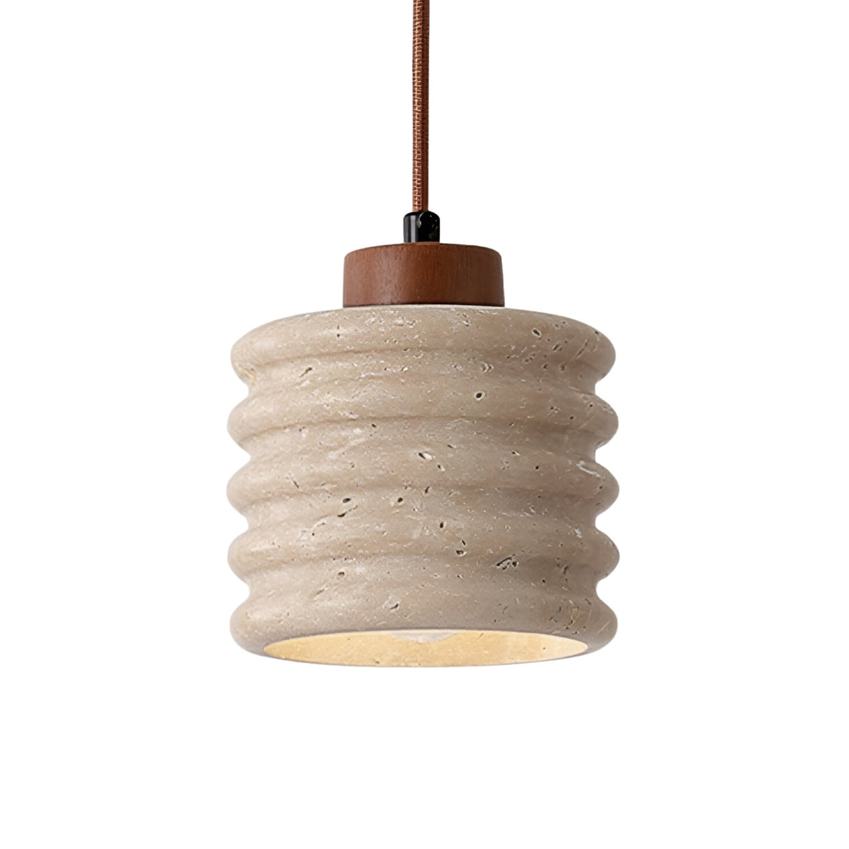 The Rivano 1 Light Ribbed Drum Travertine Single Pendant Light in Walnut Brown & Light Beige features a beige cylindrical concrete form, walnut accent at the top, and a matching brown cord for a refined look.