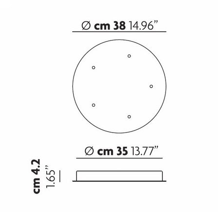 Diagram illustrating the measurements of a round object, similar to the Cluster 5 Light Round Canopy - White, with two diameters: 38 cm (14.96 inches) and 35 cm (13.77 inches). The height is 4.2 cm (1.65 inches). Top and side views are depicted, reflecting a minimalist lighting design.