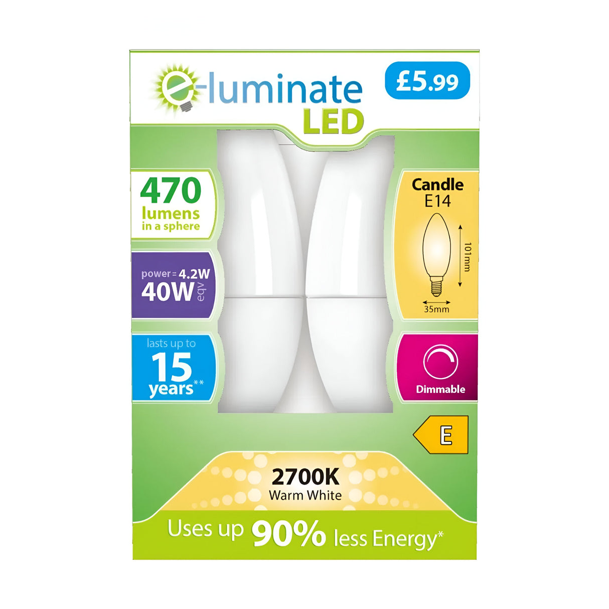 The green and white packaging accentuates the E-Luminate 2W Non-Dimmable LED Candle Bulb, a high-quality energy-efficient option. Priced at £5.99 for a pack of two, each bulb delivers 470 lumens while consuming only 4.2 watts of power. With an E14 base and candle shape, it emits a cozy warm white light at 2700K, lasting up to 15 years while saving substantial energy usage.