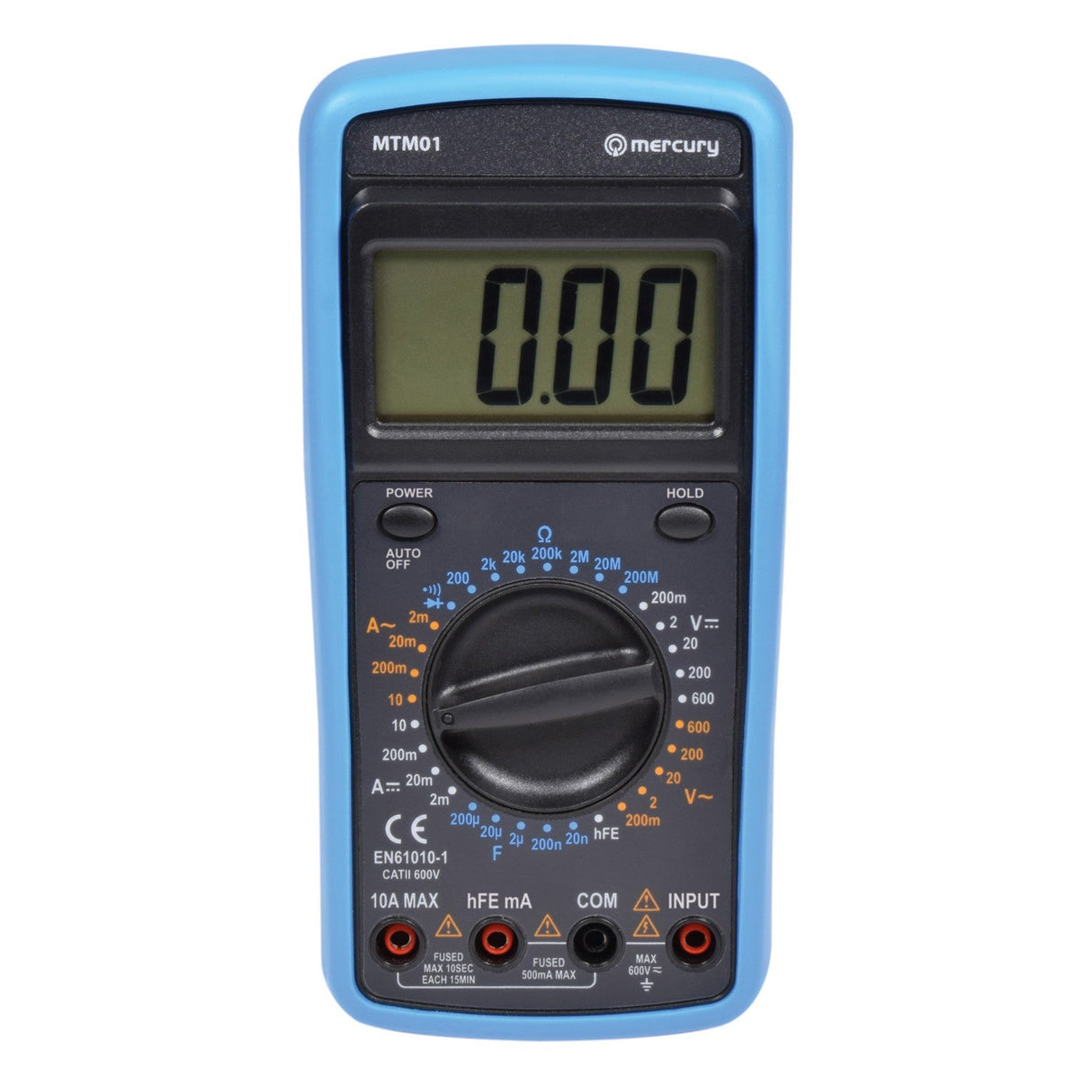 The Mercury Professional Digital Multimeter With Holster, shown in a blue casing displaying 0.00, features a rotary dial for voltage, current, resistance, and continuity test selection plus multiple labeled input ports.