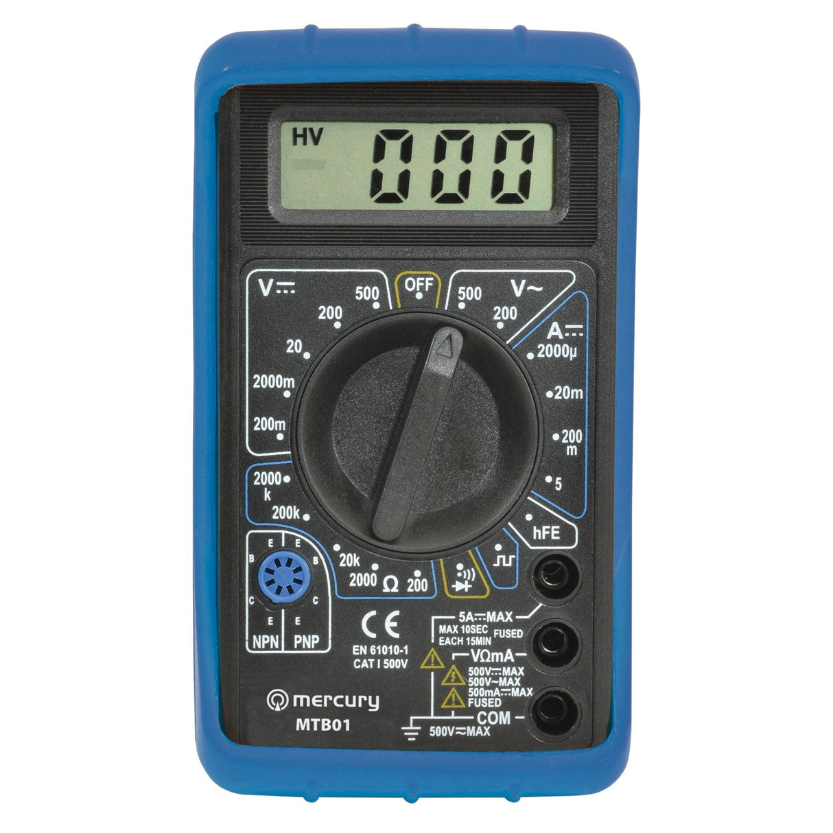 The Mercury Digital Multimeter With PVC Shockproof Jacket features a blue case, displays 000 on screen, and has a central rotary dial for selecting voltage, current, resistance, continuity test, diode, and transistor settings with clear labels.