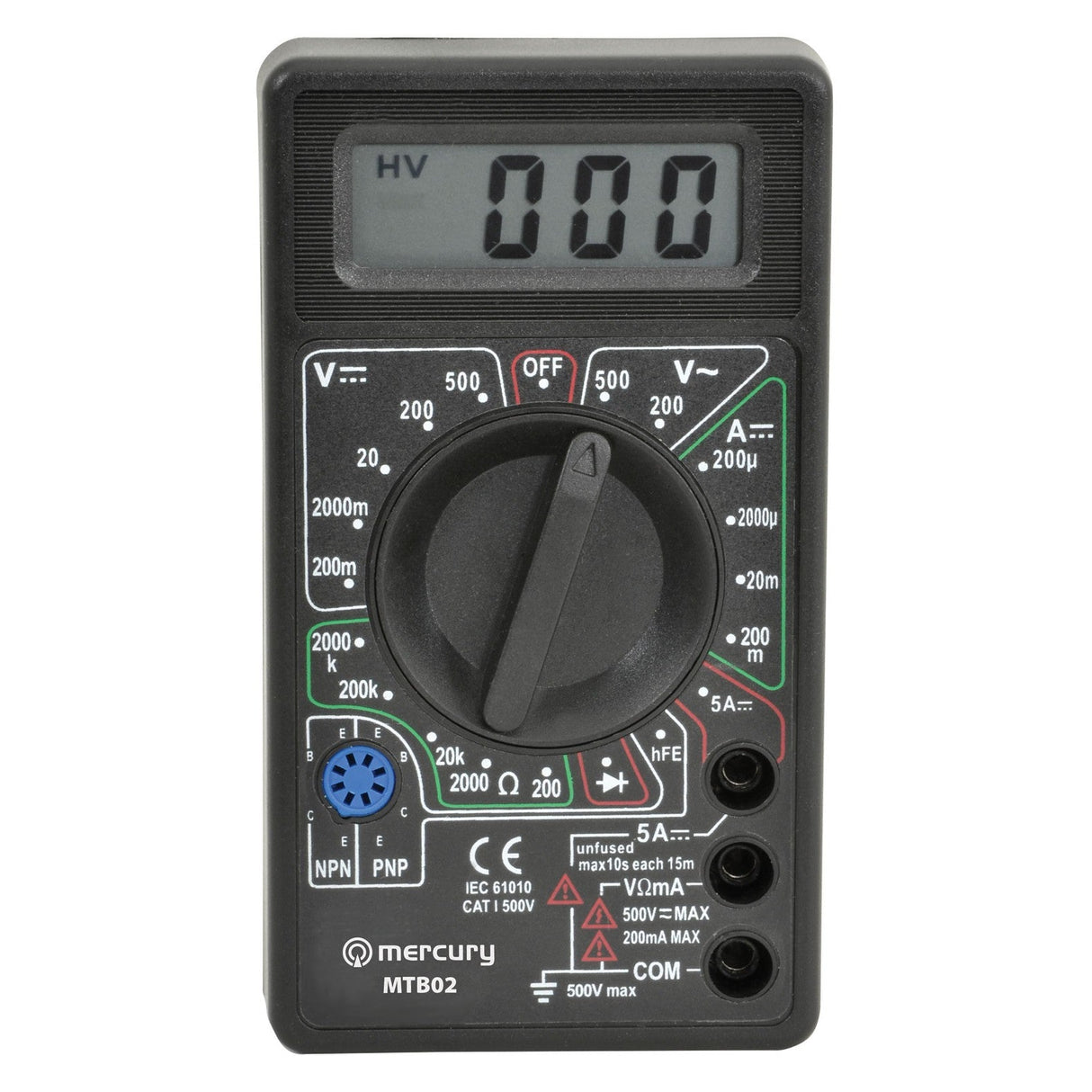 The Mercury Digital Multimeter features a large display showing 000, a central rotary dial with various measurement settings including transistor test, and three bottom ports labeled VΩmA, 20A max, and COM.