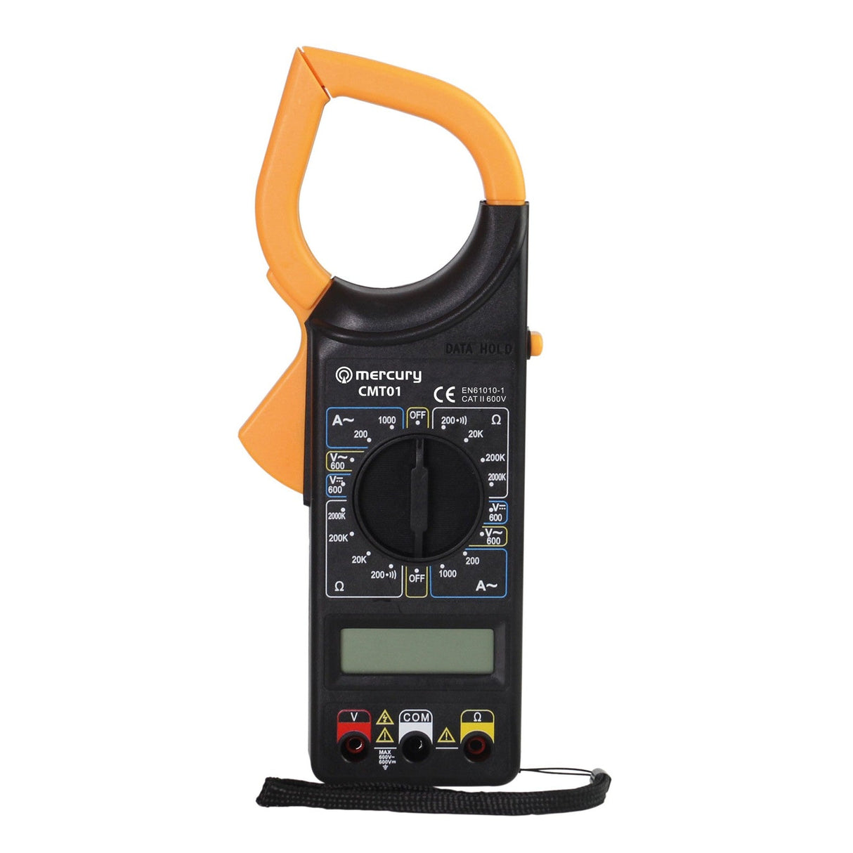 The Mercury Clamp-On Digital Multimeter features a black body, orange clamp, rotary dial, display screen, and multiple input ports. Both the Mercury brand and the CMT01 model are clearly labeled on the device.