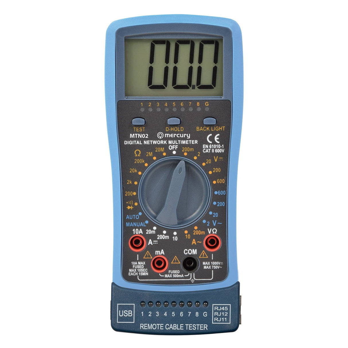 The Mercury Professional Digital Multimeter With Network And USB Cable Tester features a large LCD showing 0.00, multiple controls, and USB/RJ45/RJ11 ports—combining USB and network cable testing in a blue/gray body with yellow/white markings.
