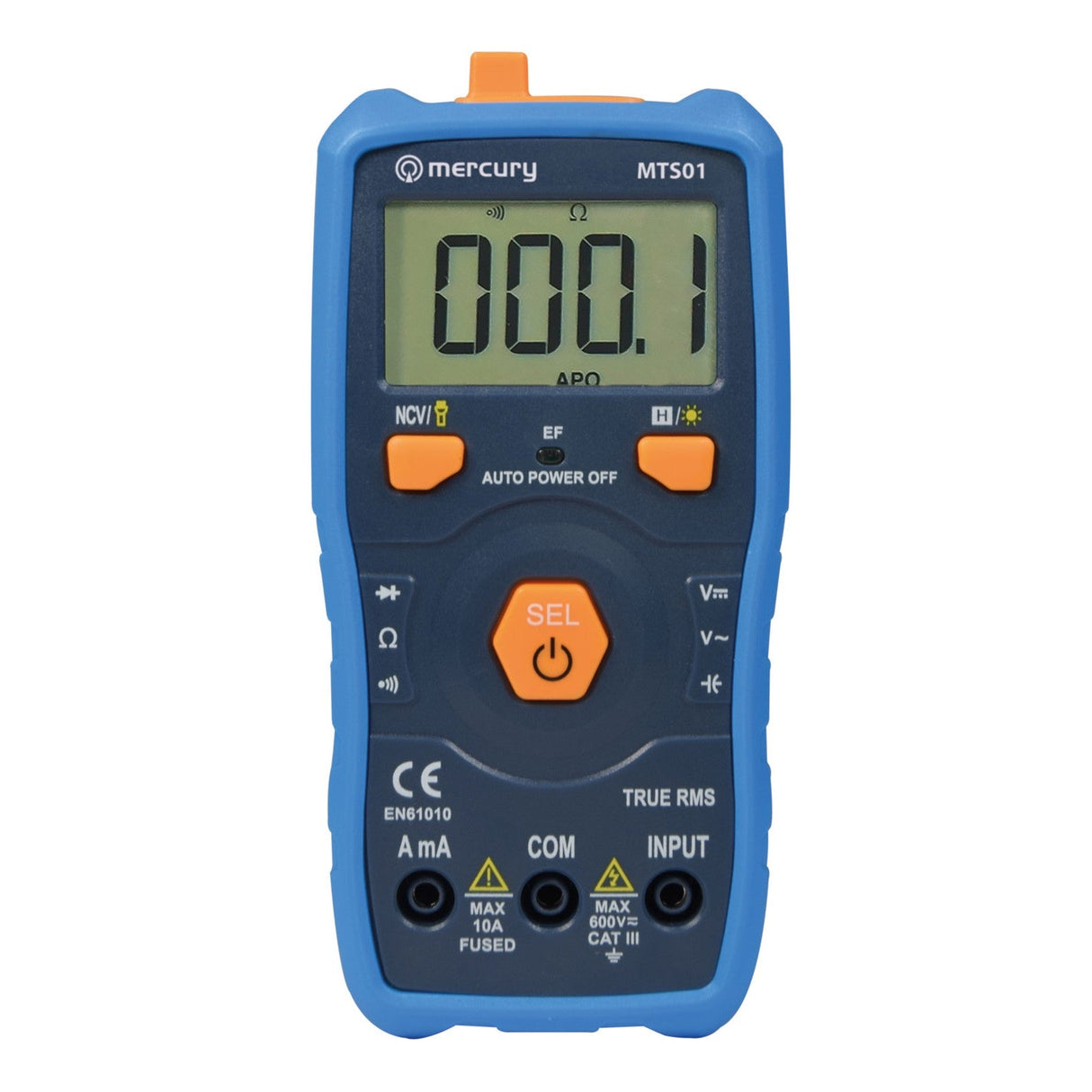 The Mercury Smart Digital Multimeter With Rubber Holster is a blue handheld device with smart functions, a 000.1 display, multiple buttons, rotary switch, and bottom connection ports for precise electrical measurements.