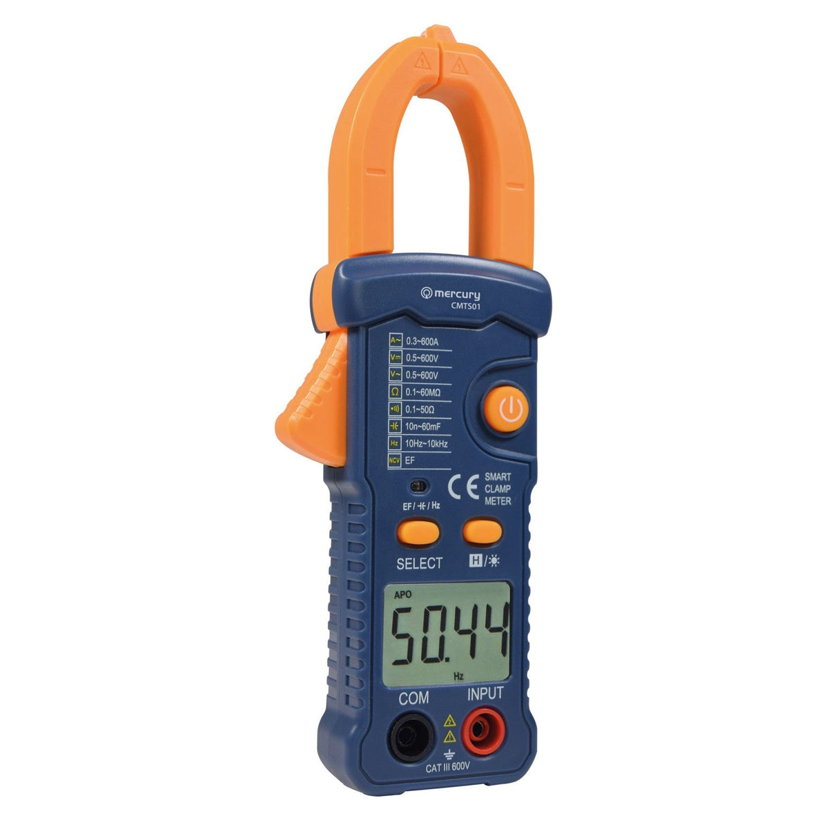 The Mercury Smart Digital Clamp Multimeter features a blue body, orange clamp, 50.44 display, true RMS measurement, smart functions, front-panel buttons and input ports, plus clear instructions on the front.