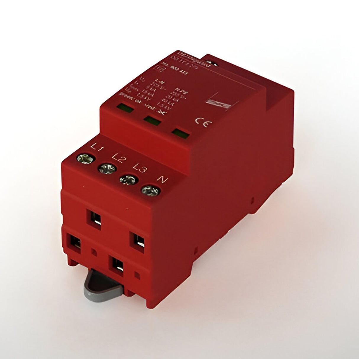 Schuller Surge Protector Trif. 15Ka, red three-phase DIN-rail module with L1, L2, L3 and N screw terminals, shown on a plain white background.
