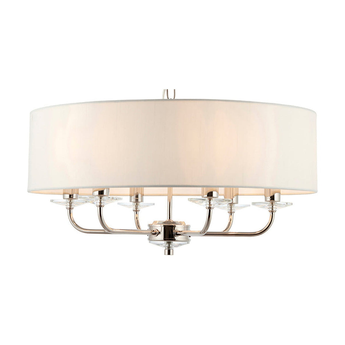 Castdon 6 Light Pendant in nickel with a large white drum shade, six curved arms, crystal accents and hanging chain, shown on a plain white background.