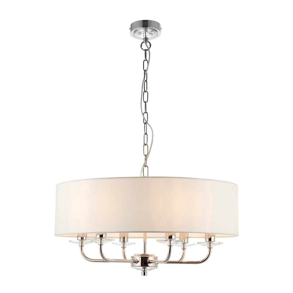 Castdon 6 Light Pendant in nickel, with white drum shade and six curved arms holding crystal accents, on a chain suspension, plain white background.