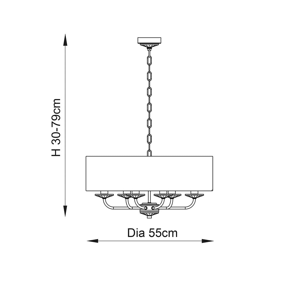 Line drawing of the Castdon 6 light pendant showing nickel arms with white shades, chain suspension, adjustable height 30-79cm and 55cm diameter.