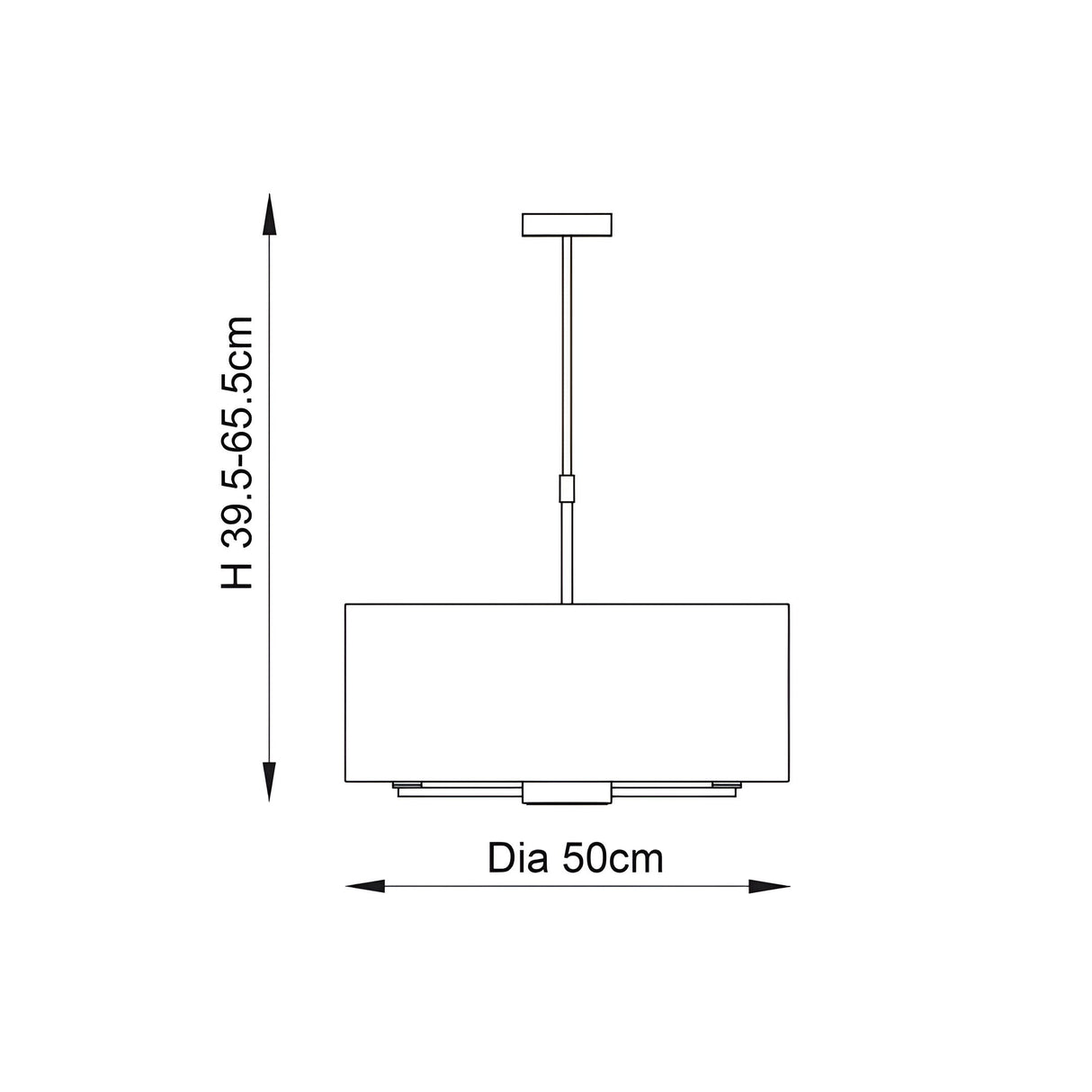 Technical line drawing of the Endon Bexley 3 light pendant showing adjustable height 39.5-65.5cm and 50cm diameter shade on a white background.