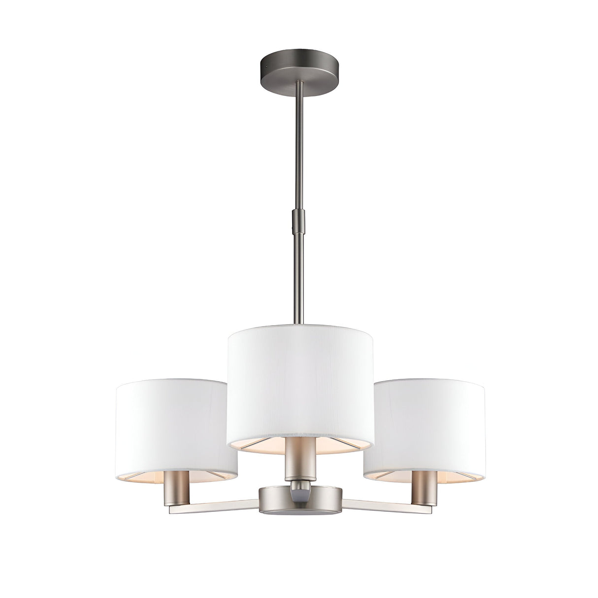 Bexley 3 Light Pendant in matt nickel, with three curved arms holding white drum shades on an adjustable rod, shown on a plain white background.