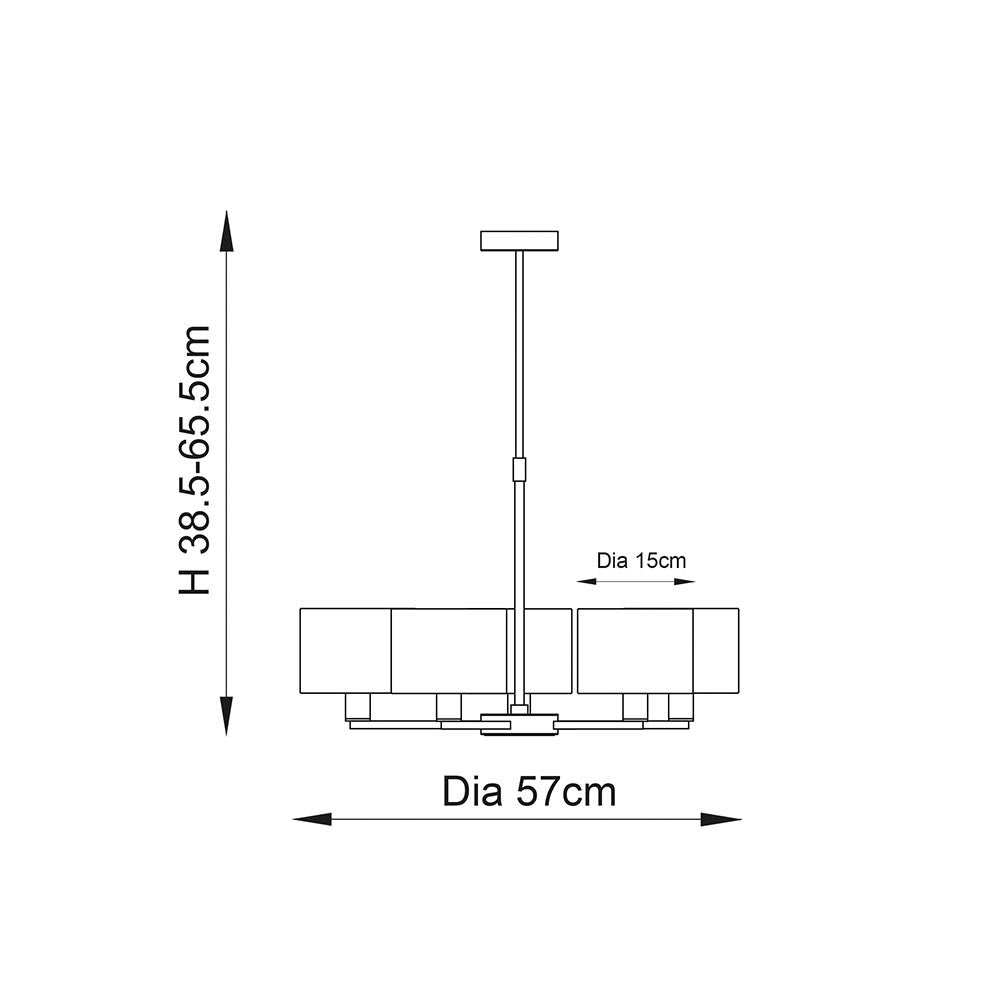 Technical line drawing of the Bexley 5 Light Pendant in nickel, showing five arms with cylindrical shades, dimensions 57cm diameter, height 38.5-65.5cm.