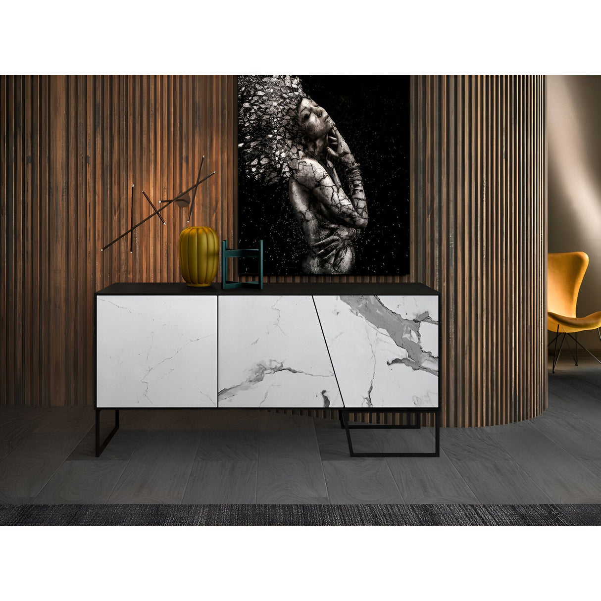 Kerala 3-Door Marble Sideboard - Grey/Black