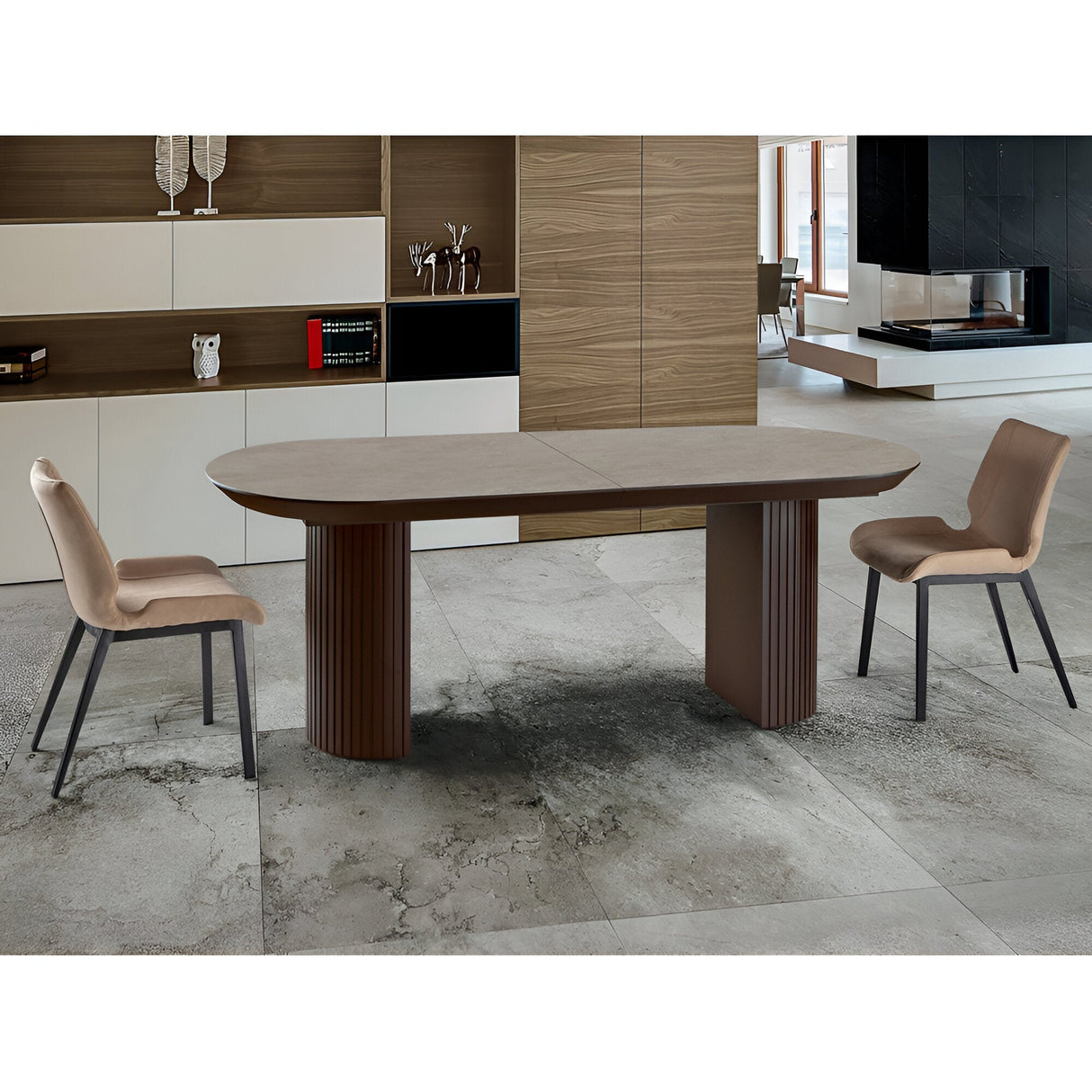 Irati 10–12 Seater Wood Extendable Dining Table – Rust Brown & Stone