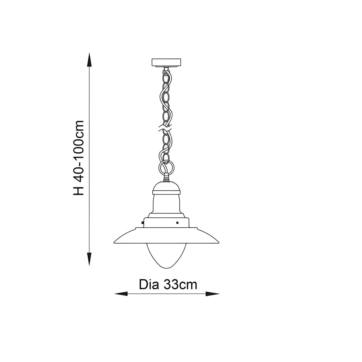 Dimension diagram of the Endon Carlbury satin nickel pendant light showing 40–100cm adjustable height and 33cm shade diameter on a plain background.