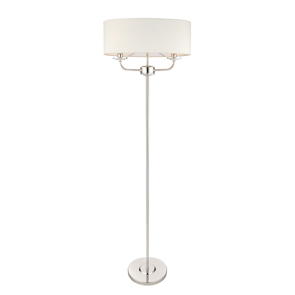 Endon Castdon 2 light floor lamp with slim nickel stem, oval white faux silk shade and K9 crystal detailing, on a plain white background.
