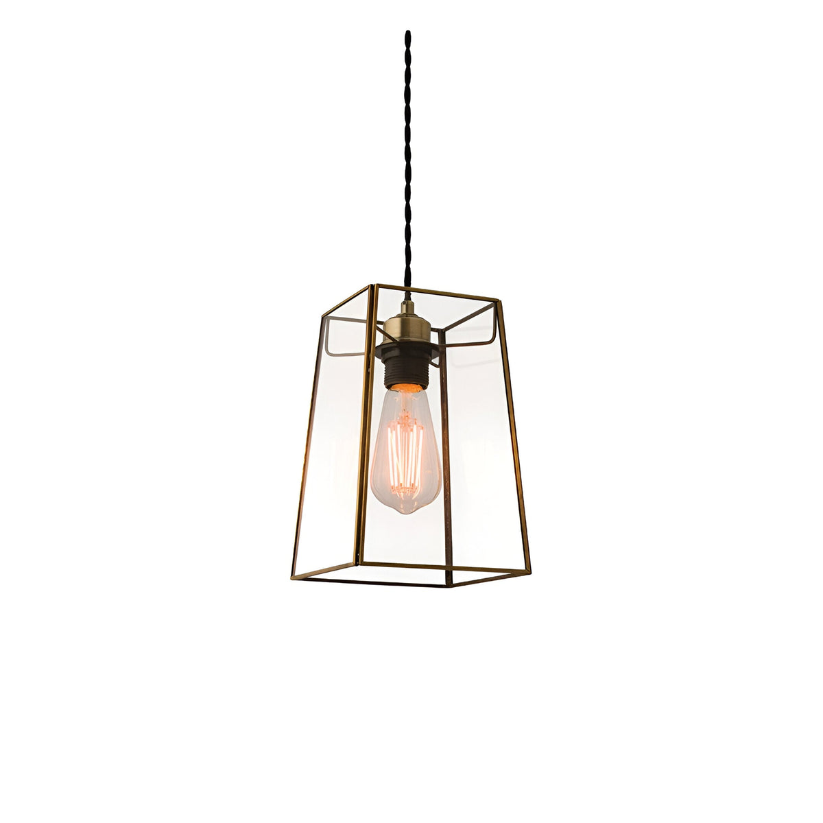 Endon Aldwell pendant light with angular clear glass shade, antique brass trim, and exposed filament bulb on a black twisted cable, white background.