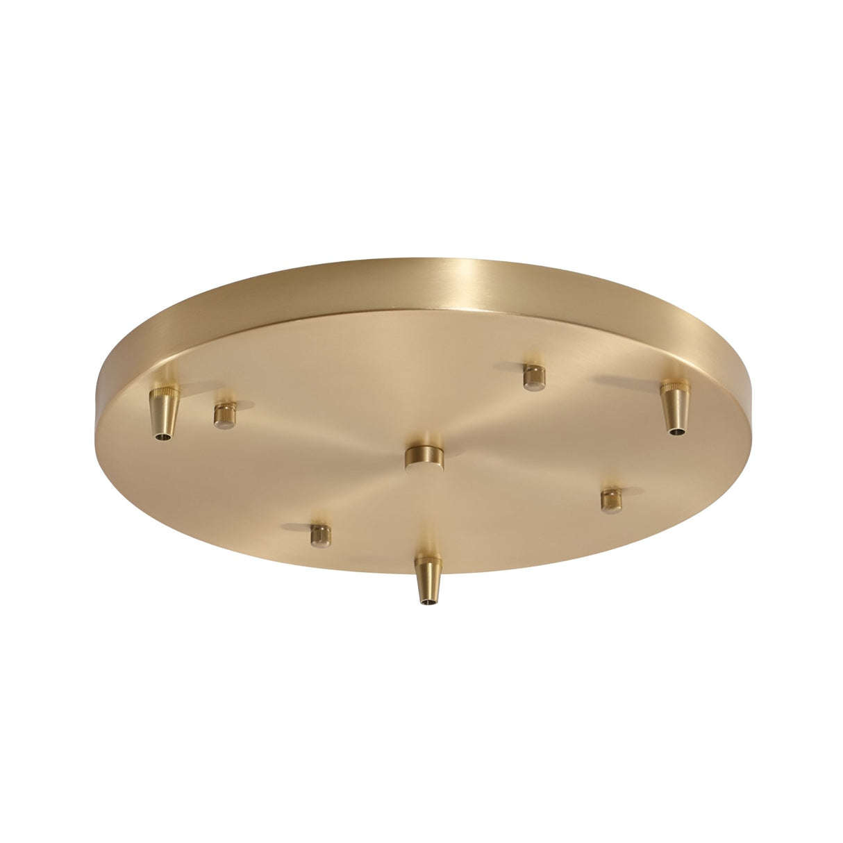 The Nalyra 60cm Round Canopy in natural brass features six short threaded attachments for easy installation of a multi-pendant light fixture, shown from below.