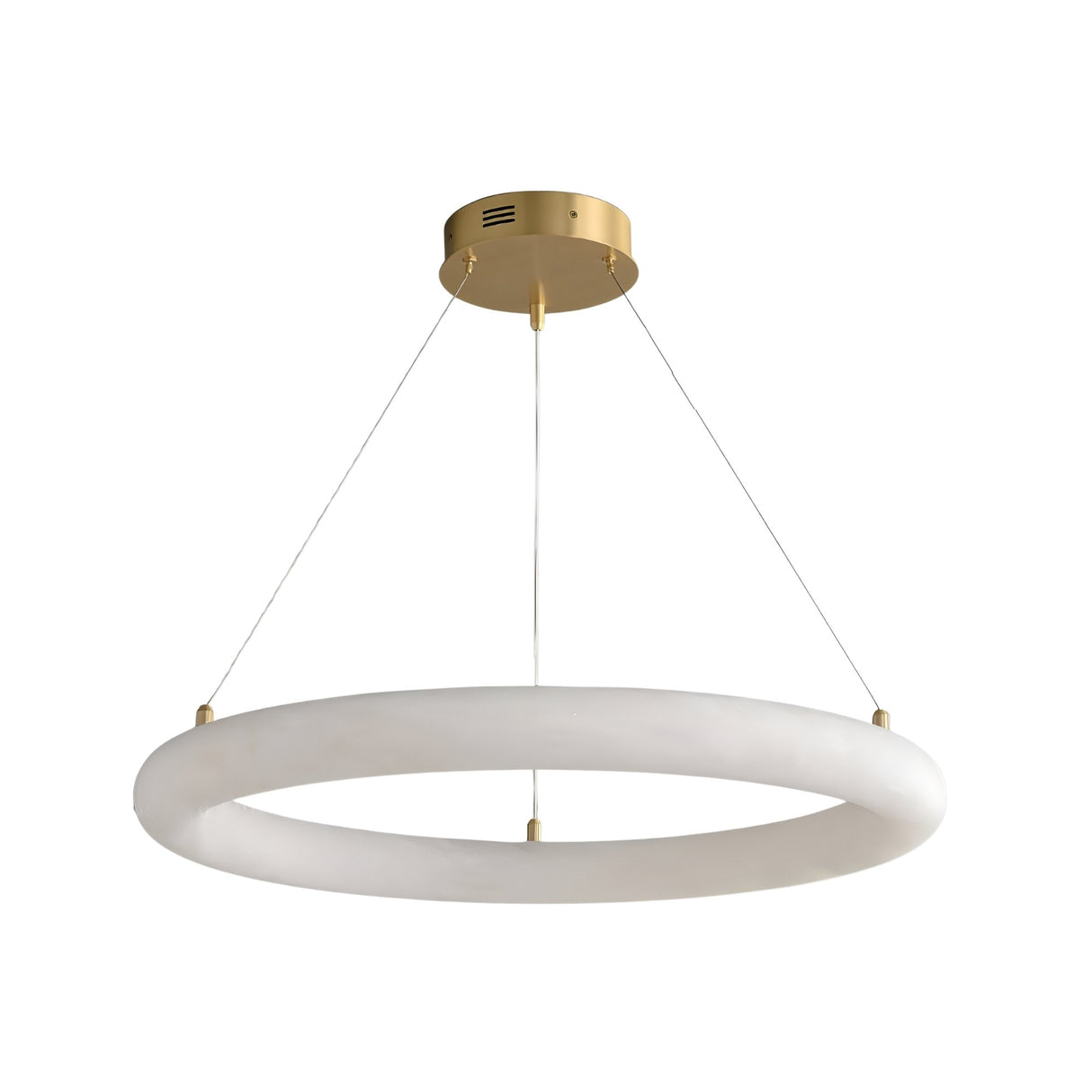 The Seraphis LED Medium Alabaster Chandelier - Soft White features a matte gold ceiling mount with three suspension wires supporting a large, circular natural Spanish alabaster ring for a modern look.