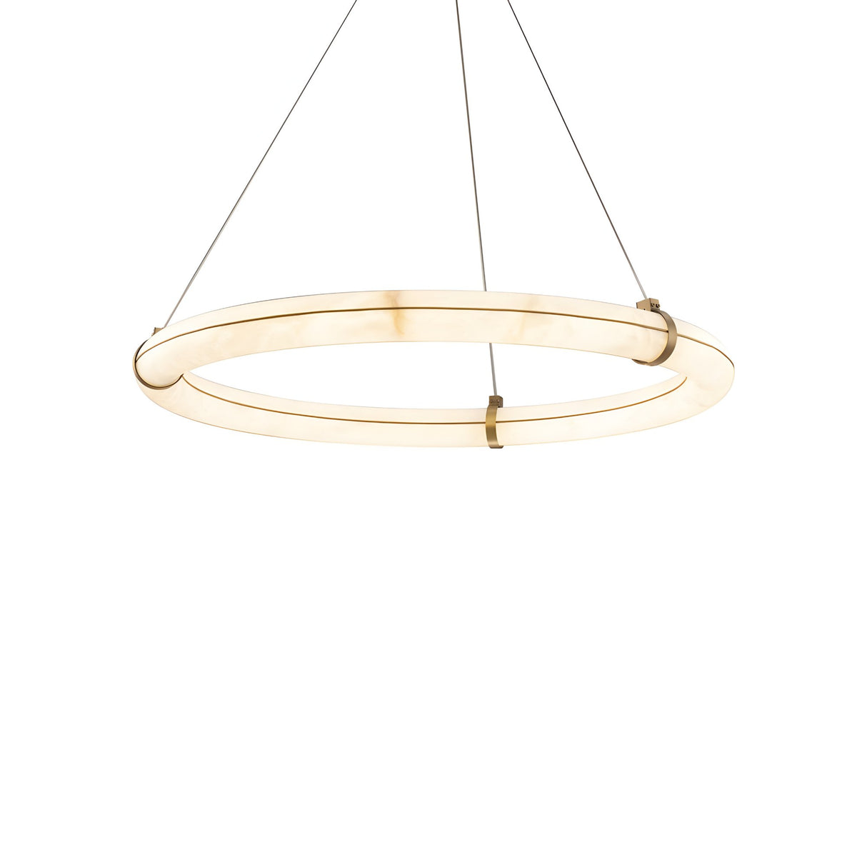 The Aureon LED Small Alabaster Circular Suspension Light – Soft White features a modern, minimalist design with a glowing Spanish alabaster ring, brass accents, and is suspended by three thin wires against a white background.