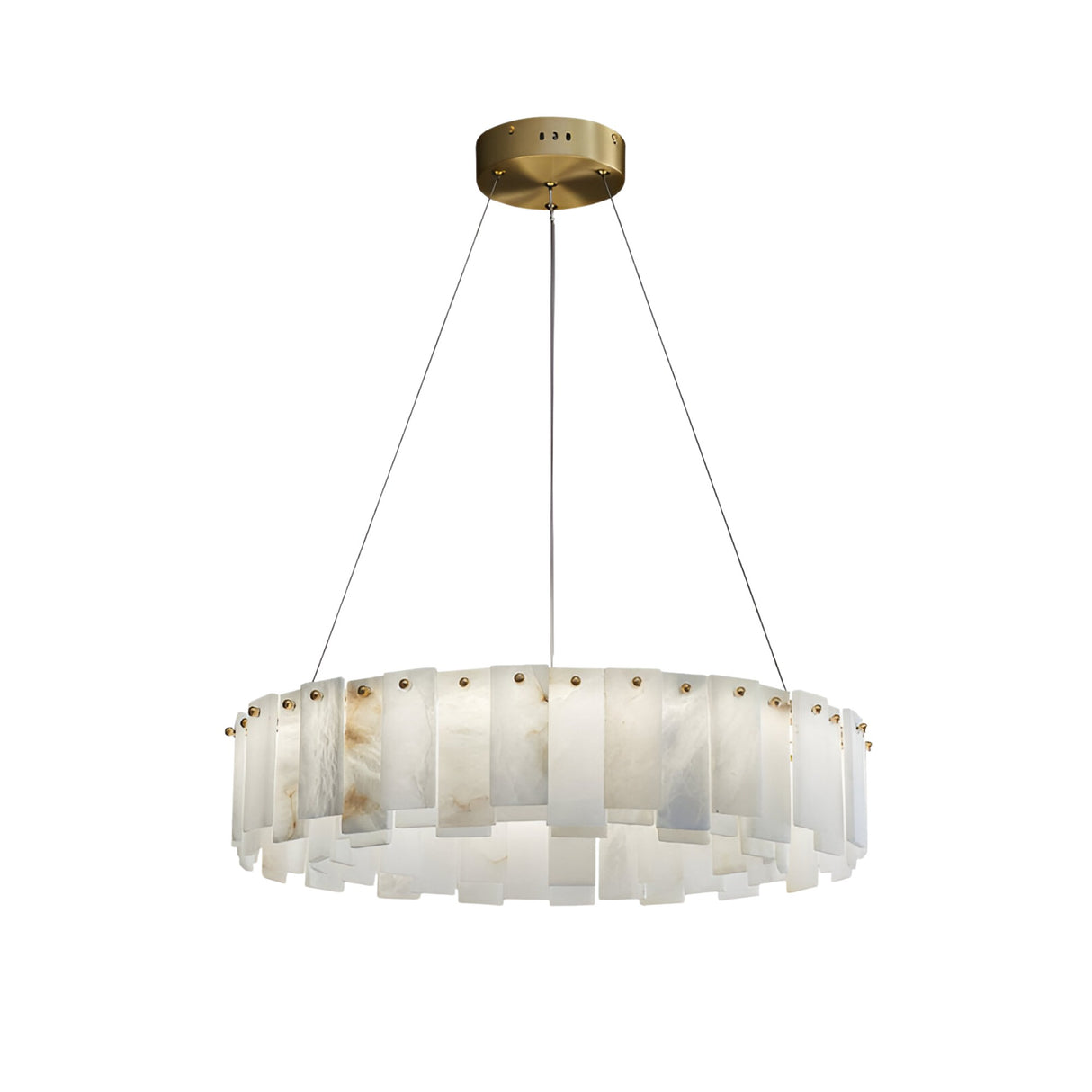 The Valeris 12 Light Layard Panel Alabaster Chandelier in Soft White & Brass showcases layered alabaster panels on a circular brass base, suspended by three slim wires for a modern, elegant look.