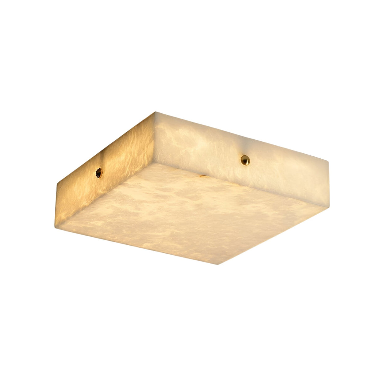The Cadris LED Large Square Alabaster Flush Ceiling Light features a soft white alabaster finish with subtle marbling, brushed brass accents, and a sleek, modern flush design for contemporary interiors.