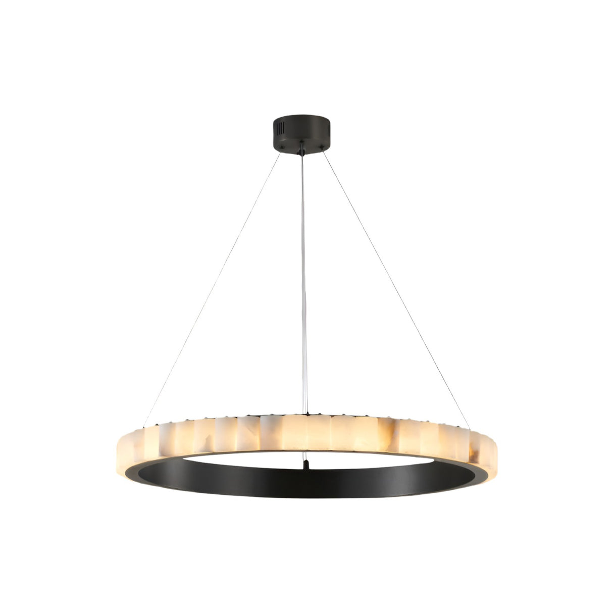The Lucenza LED Small Halo Ring Alabaster Chandelier in Matte Black & Soft White features a sleek inner ring and translucent rim, suspended by three cables for a softly illuminated, elegant contemporary accent.
