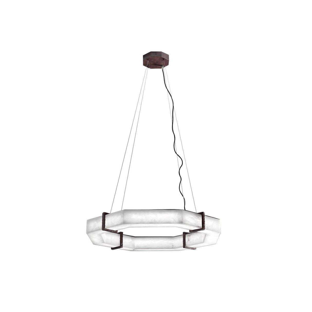 The Vireon LED Small Alabaster Chandelier – Bronze & Soft White features a hexagonal frosted glass ring and bronze mount, offering a modern geometric look perfect for contemporary spaces.