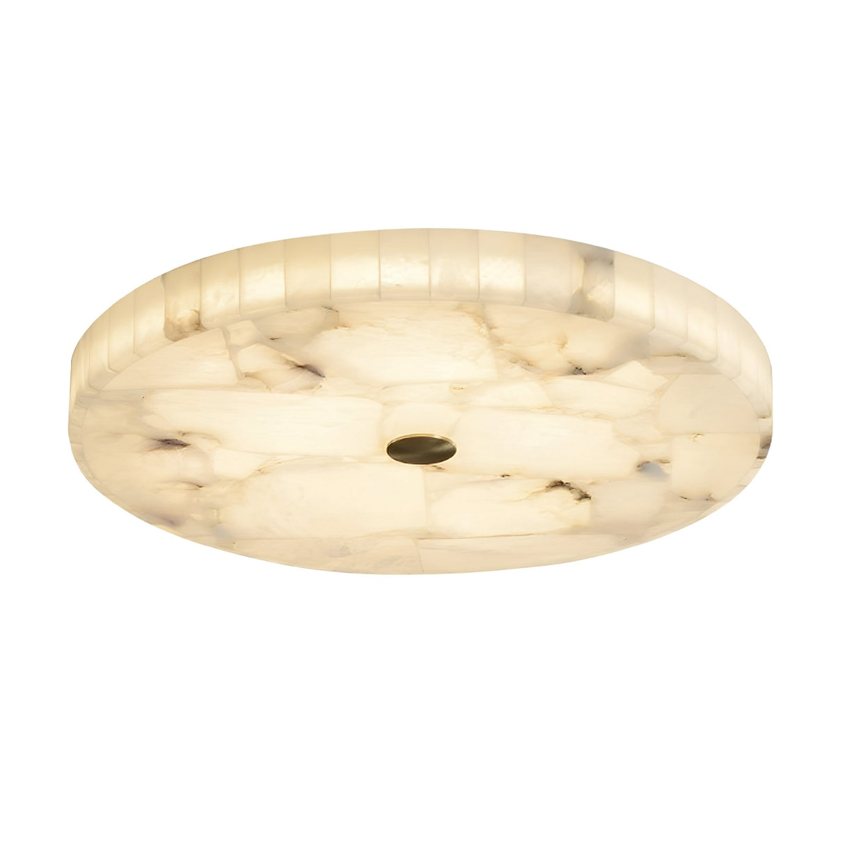 The Veltrix LED Large Round Alabaster Flush Ceiling Light features a smooth, marbled surface that emits a soft white glow, highlighted by a small brushed brass accent in the center for an elegant touch.