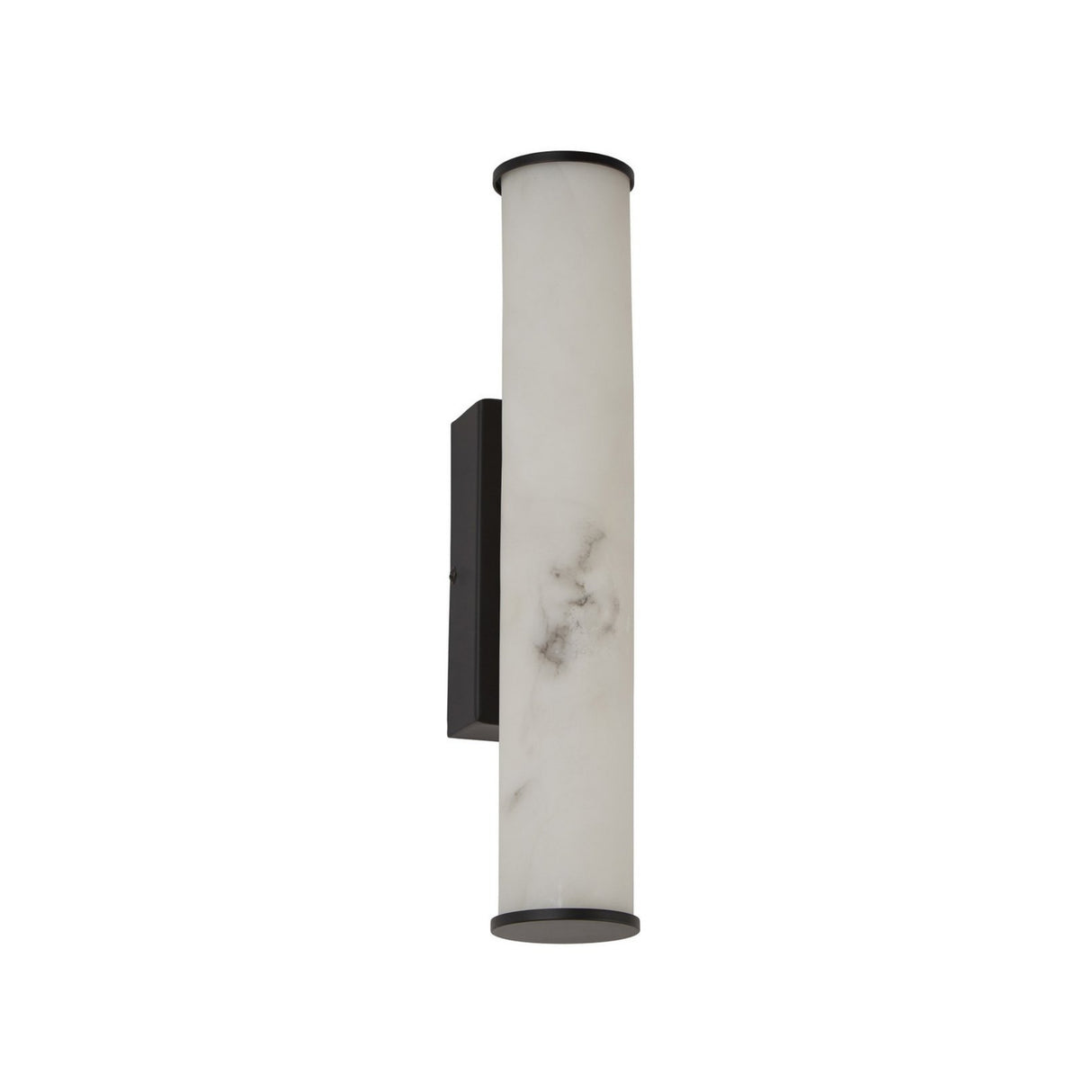 The Montavo LED Medium Tube Alabaster Wall Light features a cylindrical, marble-patterned soft white glass shade with a matte black mount, displayed on a plain white background.