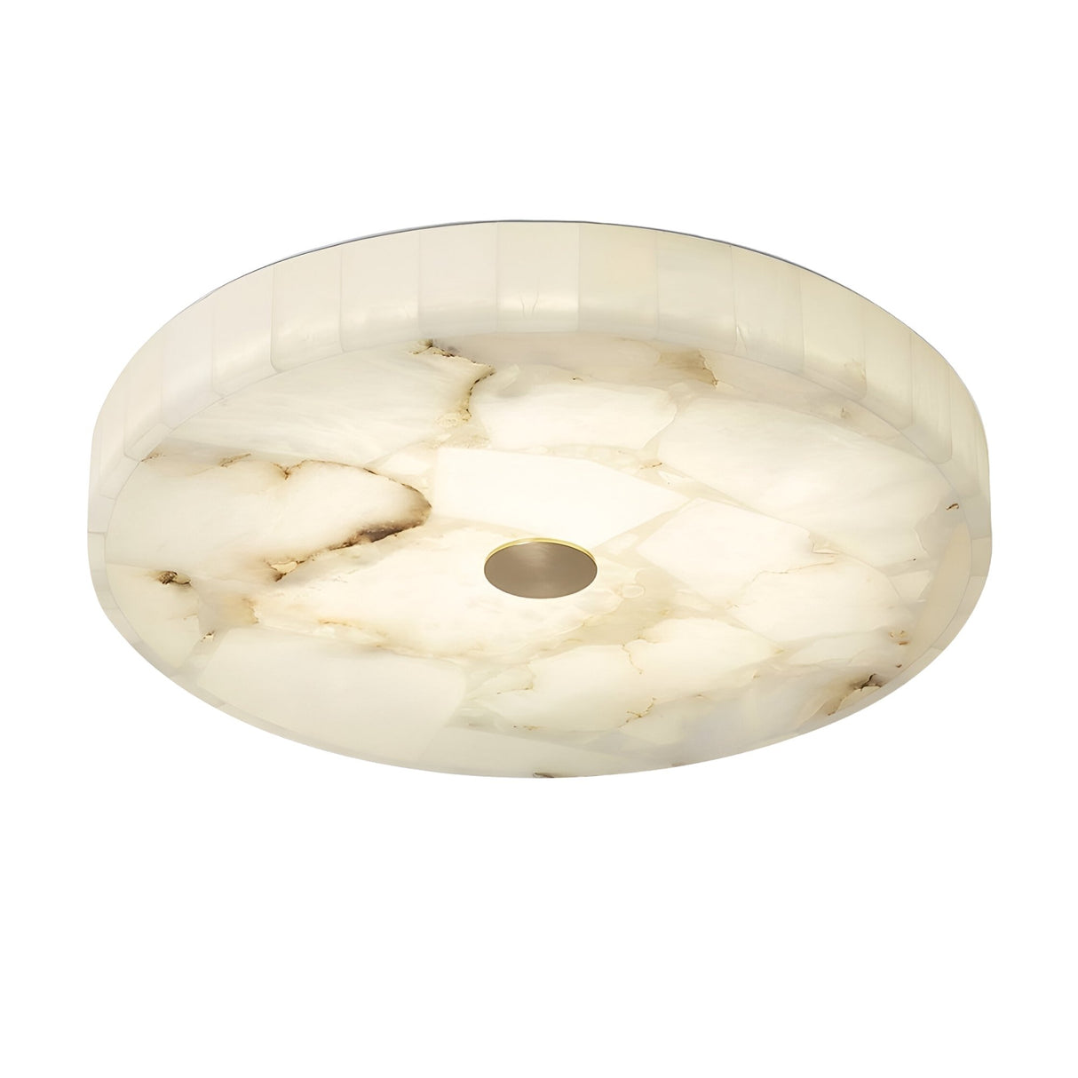 The Veltrix LED Large Round Alabaster Flush Ceiling Light features a smooth, white marbled surface and a central brushed brass cap, providing soft white light diffused evenly across any room.