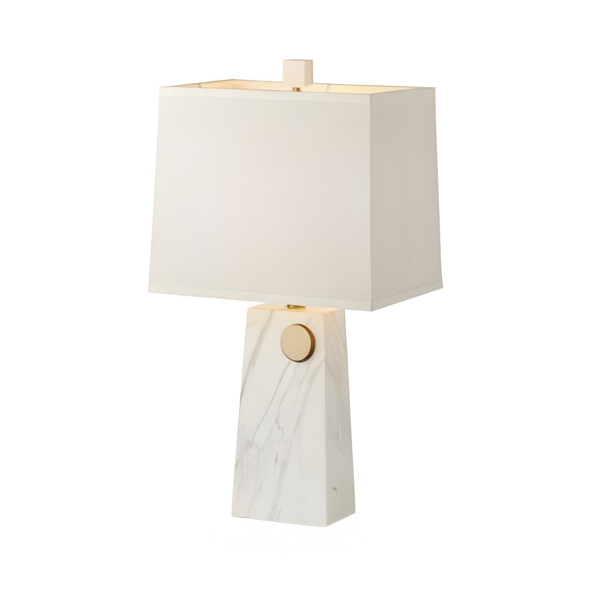 The Virelon 1 Light Pierced Marble Table Lamp in brass and white features a geometric base, rectangular white fabric shade, and round gold accent for a modern, architectural look with elegant appeal.